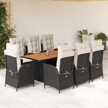 9-Piece Black Poly Rattan Garden Dining Set with Cushions
