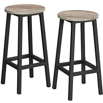 Conjunto de taburetes de bar, juego de 2, sillas redondas para cocina con asientos altos, altura 65 cm, estructura de acero resistente, fácil montaje, estilo industrial, color Greige y Negro