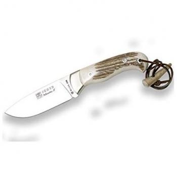 Cuchillo de Monte Enterizo Joker Montés II CC08, Hoja de 10,5 cm, Mango de Asta de Ciervo, Funda de Cuero Marrón, Ideal para Pesca, Caza, Camping