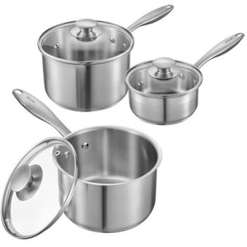 VEVOR 3-Piece Stainless Steel Saucepan Set with Glass Lids, Ergonomic Handle, Nonstick, Dishwasher and Oven Safe, Induction Compatible