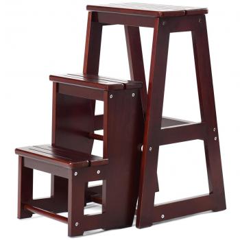 Escalera Silla de Madera Plegable Multifuncional con 3 Estantes, Taburete Estantería, Escalón para Baño y Decoración del Hogar, Dimensiones: 57 x 38 x
