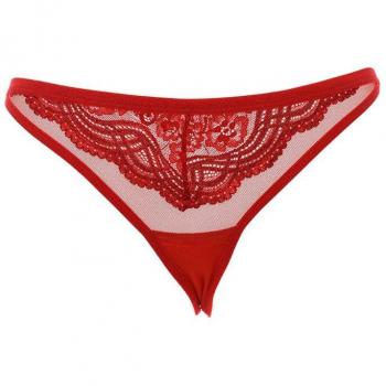Tanga de encaje rojo de tres hilos Kisses & Love para mujer - Talla S