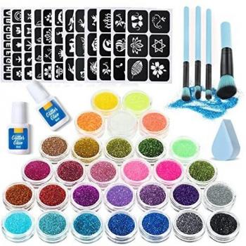 Kit de Tatuajes Temporales-30 Colores Tatuaje Purpurina,145 Únicas Plantillas,Impermeable Tatuajes Temporales,Perfecto para Carnaval,Fiestas Cumpleaños,Día del Niño,Regalos para Niños, Niñas