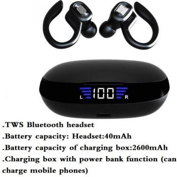 Auriculares TWS Bluetooth Deportivos Inalámbricos con Micrófono, Gancho para la Oreja, Pantalla LED y Estéreo HiFi Impermeables