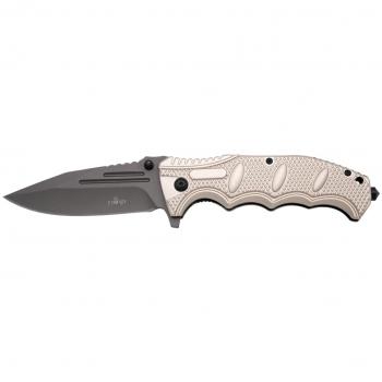 Navaja asistida Third K0814TN con mango de aluminio camel, hoja de acero inoxidable de 8 cm bañada en titanio gris, funda de nylon y punta rompevidrio