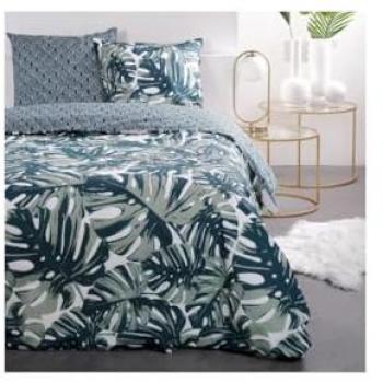 Juego de Cama Doble Reversible Sunshine en Algodón Impreso Monstera - Verde y Blanco - 240 x 260 cm