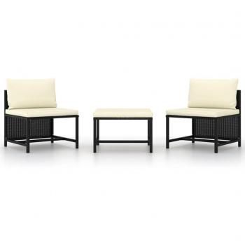 3-Piece Black Poly Rattan Garden Sofa Set with Cushions