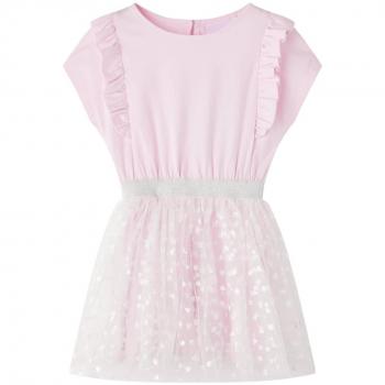 Vestido Infantil Volantes Manga Corta Escote Redondo Rosa Claro