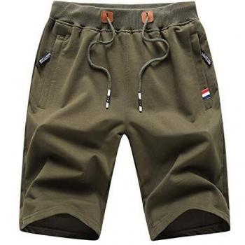 LY4U Pantalones Cortos Casuales de Verano para Hombre con Cordón Elástico en la Cintura Bolsillos con Cremallera Ejercito Verde S