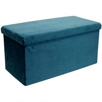 Banco-Puf Plegable Azul Zig-Zag de Almacenamiento y Asiento con Efecto Terciopelo Suave, Soporta Hasta 110 Kg