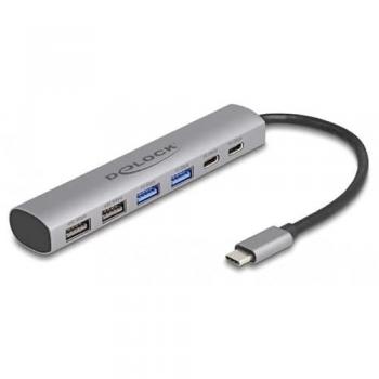 Concentrador USB 3.2 de 6 Puertos con 4 USB Tipo A y 2 USB Tipo C - DeLOCK 64232, Gris