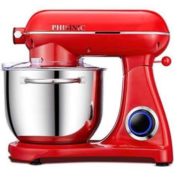Batidora Amasadora, PHISINIC Amasadora de Pan Repostería, 1800 W 6.5 L Robot de Cocina Multifunción, Potente y Silencioso, Cuerpo Metálico, 6 Velocidades, Amasador, Batidor y Varillas, color Rojo