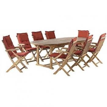 Conjunto de jardín de madera - Mesa - 8 sillas con apoyabrazos - cojines en color terracota - JAVA