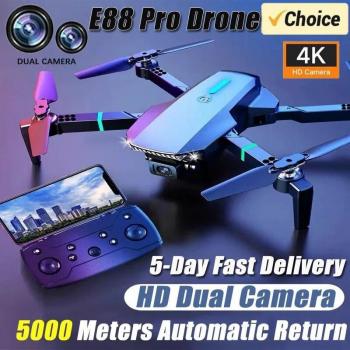 Drone RC LYZRC E88Pro 4K Profesional con Cámara Dual HD 1080P Gran Angular Plegable WIFI FPV y Mantenimiento de Altura - Color Gris (1 Batería)