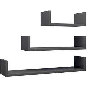 High Gloss Grey Engineered Wood Wall Display Shelf Set of 3