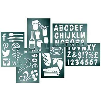 Stencil Kit.Pack of 5.Includes numbers, alphabet and 13 pictures.