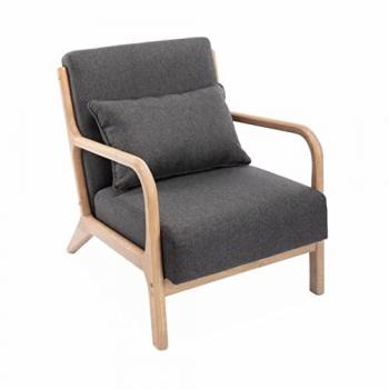 Sillón de diseño gris oscuro de madera y tela con patas de compás escandinavas - Lorens, 65x80x79 cm, armazón de madera maciza, asiento cómodo, 1 asiento recto fijo