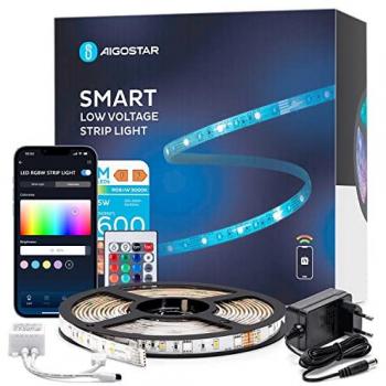 Aigostar Tira LED Inteligente 5m RGBW Impermeable WiFi 3000K luz cálida, Control por App y Control Remoto IR, Compatible con Alexa y Google Assistant, incluye 2 años de garantía