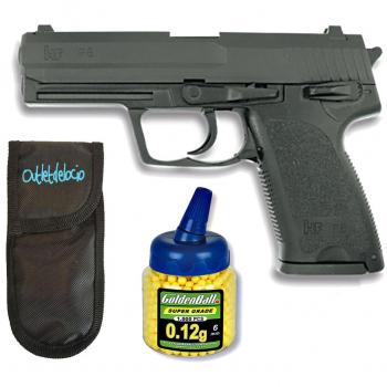 Pack Pistola airsoft HA112 negra metálica. Calibre 6mm. + 1000 Bolas + Funda Portabolas. 62779/21993/23054