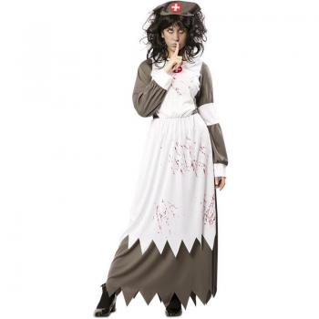 Disfraz de Enfermera Zombie para mujer - incluye vestido corto con estampado de sangre, cofia blanca, guantes y medias