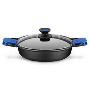 Monix Solid Cacerola Baja, Tapa de Cristal y Asas de Silicona, 2 litros, Aluminio Fundido, Negro y Azul