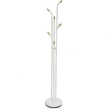 Perchero de Pie Minimalista Versa Leo, 6 Ganchos para Ropa o Bolsos, Medidas 188 x 30 x 30 cm, Material Metal y Madera, Color Blanco