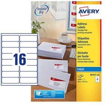 Etiquetas de Dirección Autoadhesivas Avery J8162-100, 99.1 x 33.9mm, 16 Etiquetas por Hoja A4, 1600 Etiquetas por Caja - Rápido Secado