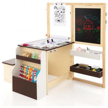 Adjustable Kids' Art Center Wooden Table and Bench Set with Double-Sided Easel