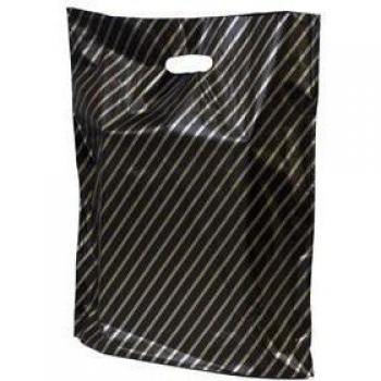 Black/Gold Stripe Plastic Carrier Bags - 38cm x 46cm + 7cm -