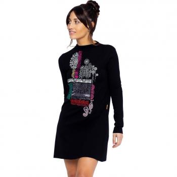 Mamatayoe - Vestido recto con manga larga, escote redondo, bordado en delantero, color negro