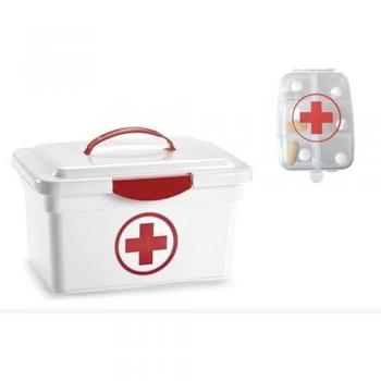 Caja Botiquín de Primeros Auxilios 8L con Tapa y Asas, Maletín Sanitario Porta Medicamentos 33x22x18 cm con Pastillero Regalo