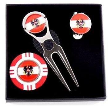 El Juego de Regalo de Golf Austriaco Incluye reparador de cancha de Acero Inoxidable, Clip para Sombrero, ficha de póker y 3 marcadores de Bola con Bandera austriaca Removibles, de Mercia Golf