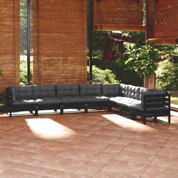 Conjunto de muebles de jardín 8 piezas con sólidos cojines negro y madera maciza de pino