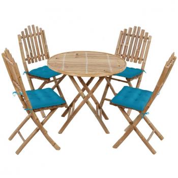 5-Piece Folding Bamboo Outdoor Dining Set with Cushions