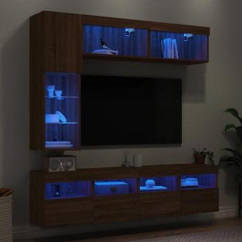 Mueble de pared de TV con luces LED 7 piezas, Mueble de Salón, Mueble TV, Mesa de TV en marrón roble