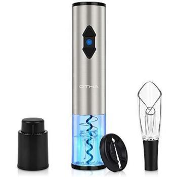 Sacacorchos Eléctrico Inalámbrico, OTHA Abridor de Botellas Portátil, Profesional Sacacorchos Eléctrico de Acero Inoxidable, Cortador de Cápsulas, Tapón de Vino Silicona de Vacío y Vertedor de Vino