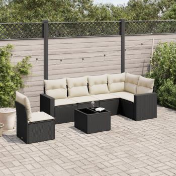 Juego de sofás de jardín 7 piezas Polyrattan negro con almohadas y cojines de ratán sintético