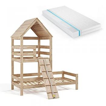 Cama en Forma de Casa Teddy, Madera Natural, 90x200 cm con Colchón y Área de Juegos