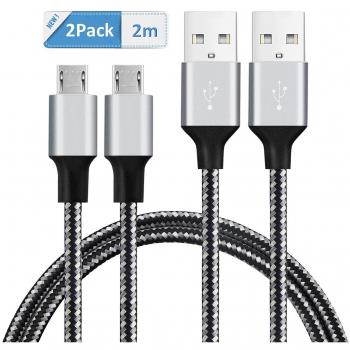 GlobaLink 2unidades 2m Cable Duradero para Android Carga con Velocidad Alta para Todos Smartphones de Android Samsung HTC Huawei Sony bq Color Plateado Negro