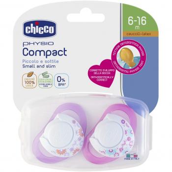 Chicco Physio Compact - Pack de 2 chupetes de caucho para 6 - 12 meses, color rosa