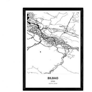 Póster A4 con Mapa de Bilbao - España, Lámina en Color Negro con Mares y Ríos