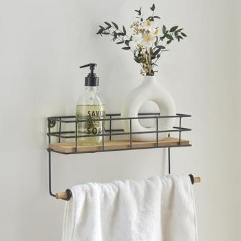 Estantería de Pared Slangerup con Bordes de Red y Barra Portasalvieta, 16 x 33 x 10 cm, Consola para Especias y Accesorios de Baño