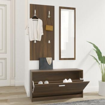 Set de mueble zapatero 3 en 1 madera contrachapada marrón roble con espejo y perchero