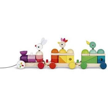 Janod Zigolos Giant Multicolored Train Wooden Pull-Along Toy with Stacking Blocks