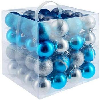 Conjunto de 64 Bolas de Navidad en Plata y Azul - Superficie Mate, Brillante y con Brillantina