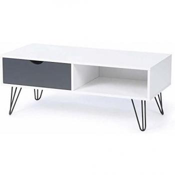 Mesa de centro vintage Noemi de madera blanca con base de pasador y cajón gris