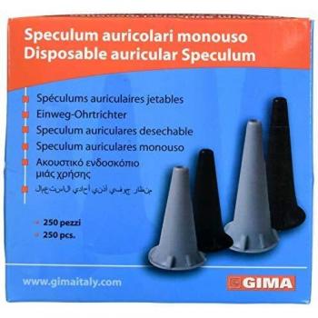GIMA ref 31487 Auriculares Speculum desechables, Ø 2.5 mm, sin latex, color negro, compatibles con otoscopios profesionales de seriemini, disponible en 250 unidades