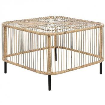 Mesa de centro de ratán natural 67 x 67 cm, resistente a UV y manchas, hecha a mano, estilo boho para interior y exterior