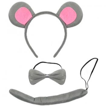 Kit de Ratón gris: Diadema, Pajarita y Cola