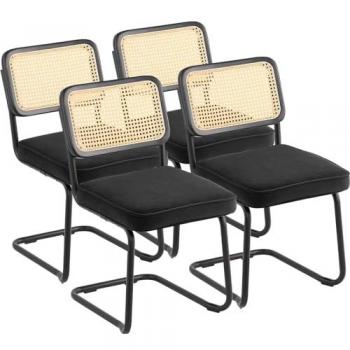 Vevor - Set of 4 Mid Century Modern Rattan Dining Chairs with Upholstered Velvet Accent and Retro Design
